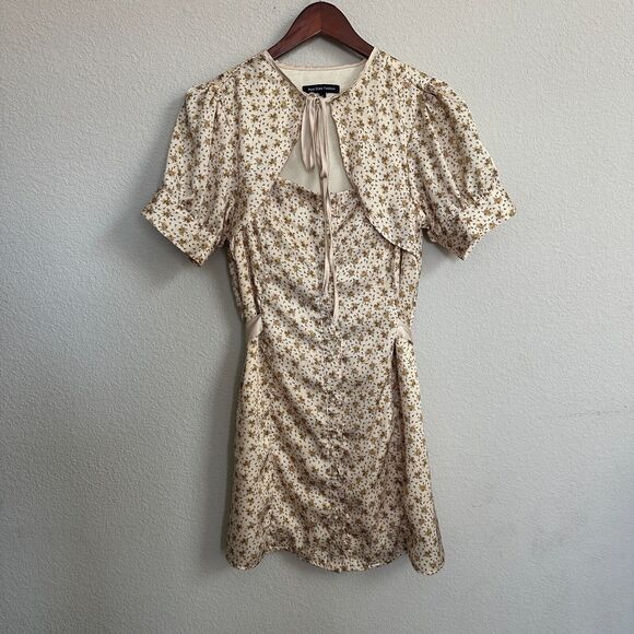 Retro Cottage Dress Large Mini Pearl Button Satin Milkmaid Short Yellow - Picture 1 of 16